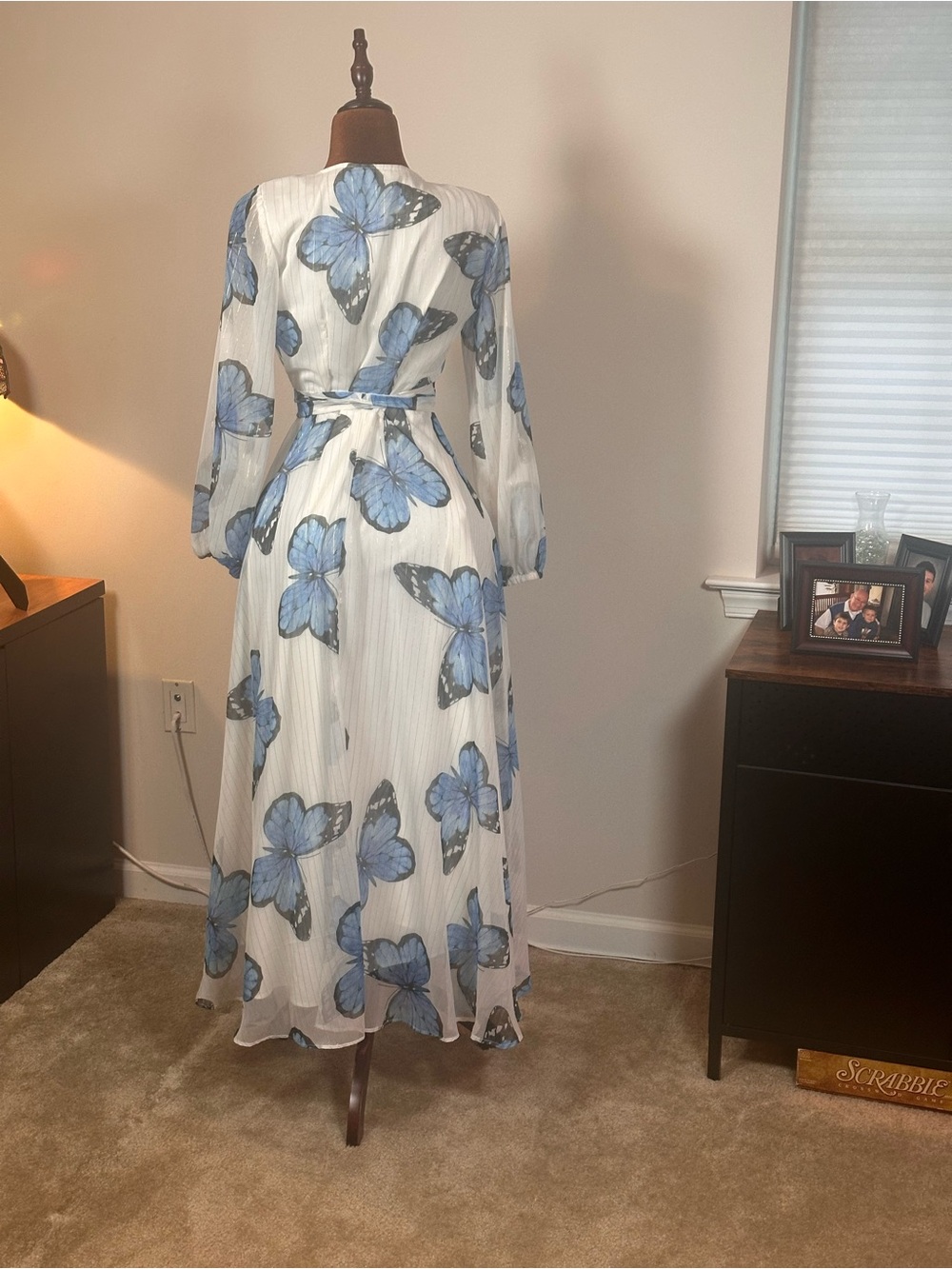Boston Proper White Maxi Wrap Dress with Blue Butterfly Print - Picture 2 of 4